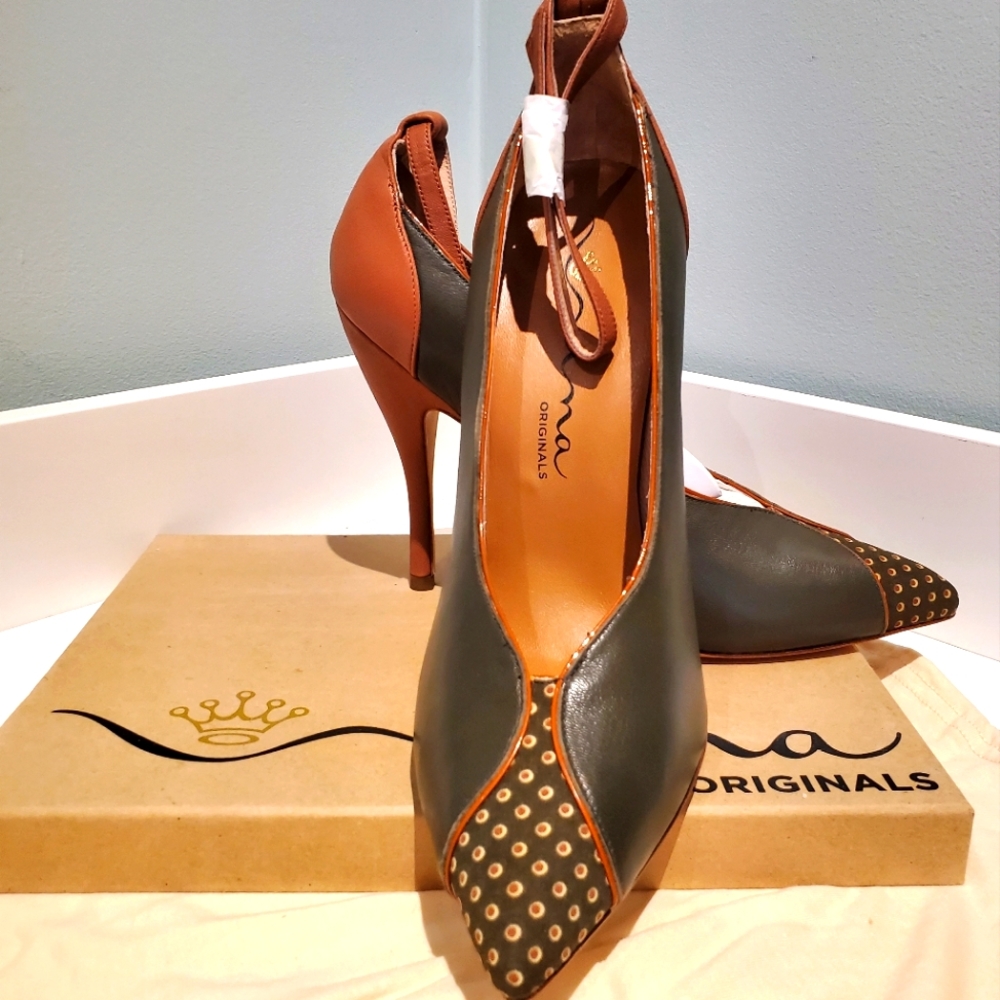 Olive and tan heels by Nina shoes
